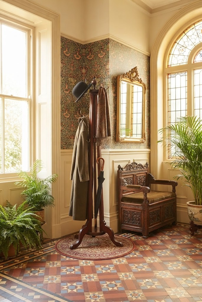A tall freestanding dark walnut coat stand featuring a slatted central column, brass hooks, a turned finial, and four splayed feet. View XIV