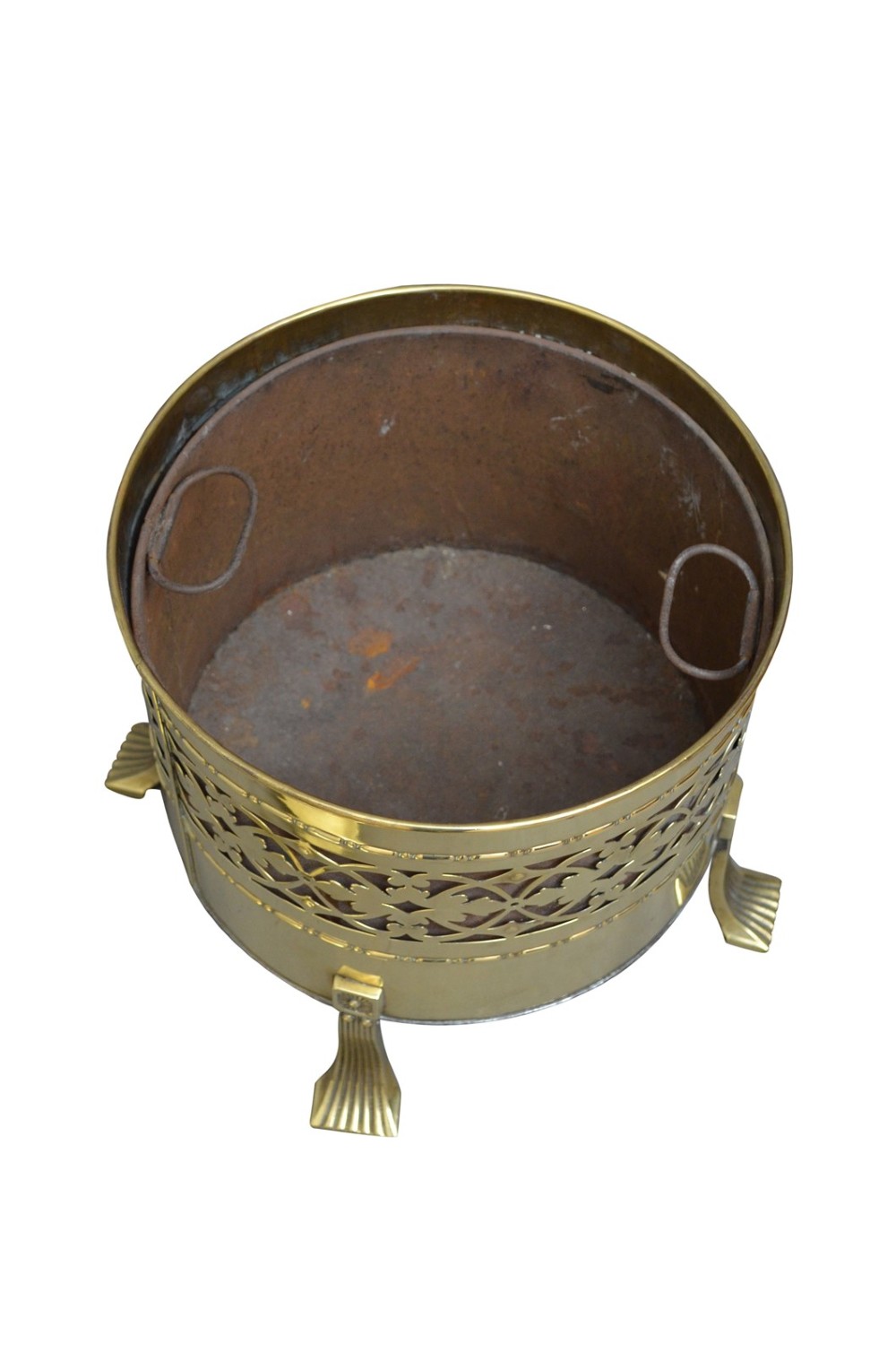 A cylindrical Edwardian polished brass coal bucket featuring a fretwork band, domed lid with finial, and three cast fluted feet. View VII