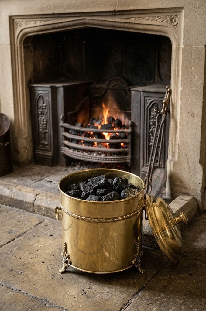 An Edwardian cylindrical polished brass coal bucket featuring a domed lid with a top finial, rope-twist trim around the neck, drop-ring side handles, and decorative feet.