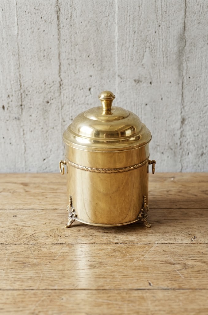 An Edwardian cylindrical polished brass coal bucket featuring a domed lid with a top finial, rope-twist trim around the neck, drop-ring side handles, and decorative feet. View VIII