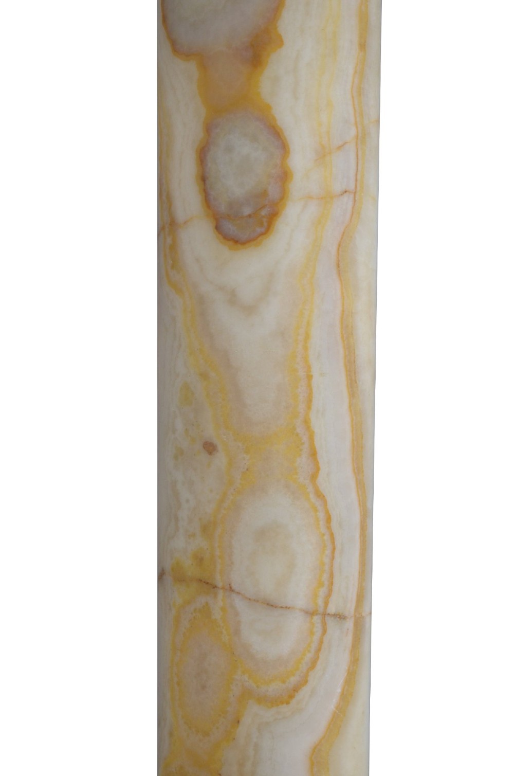 A pair of tall cylindrical onyx marble pedestals with square top plinths and ornate gilt ormolu collars and bases. View VIII