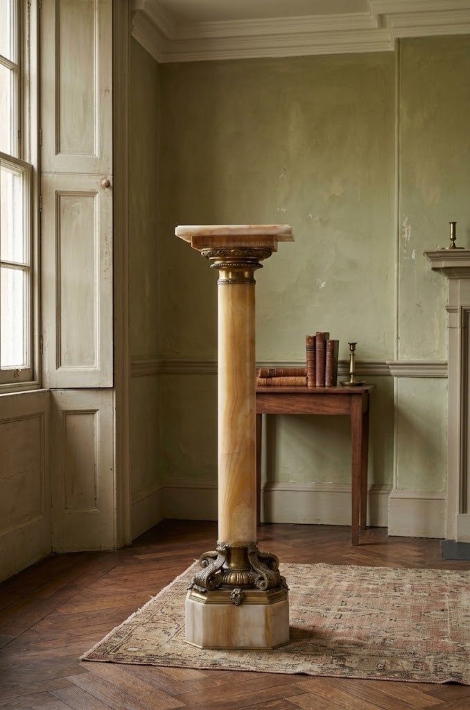A pair of tall cylindrical onyx marble pedestals with square top plinths and ornate gilt ormolu collars and bases. View XV
