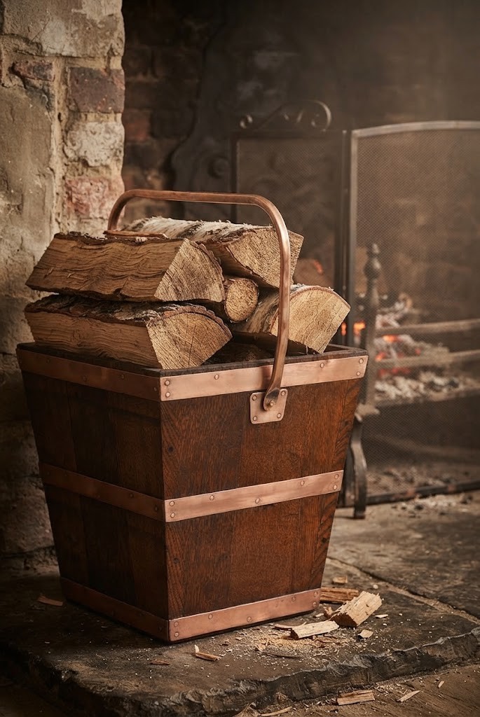 A tapered dark oak wooden coal bucket bound with copper straps and featuring a copper swing handle. View XIII