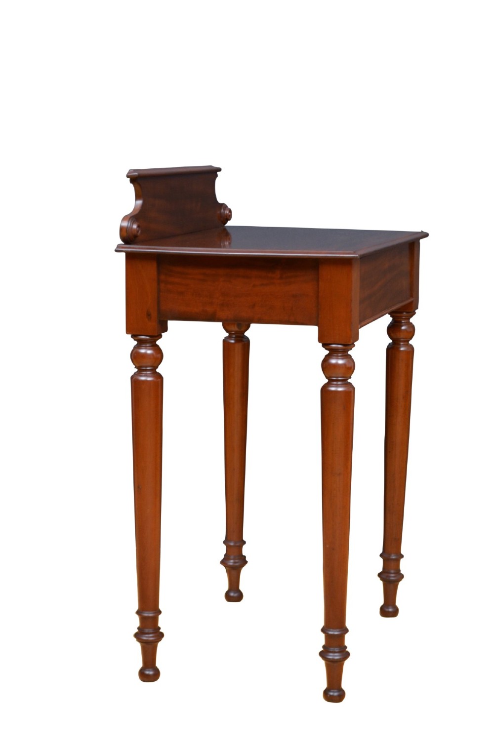 A narrow antique mahogany console table featuring turned legs and a polished timber top against a plain white background. View XI