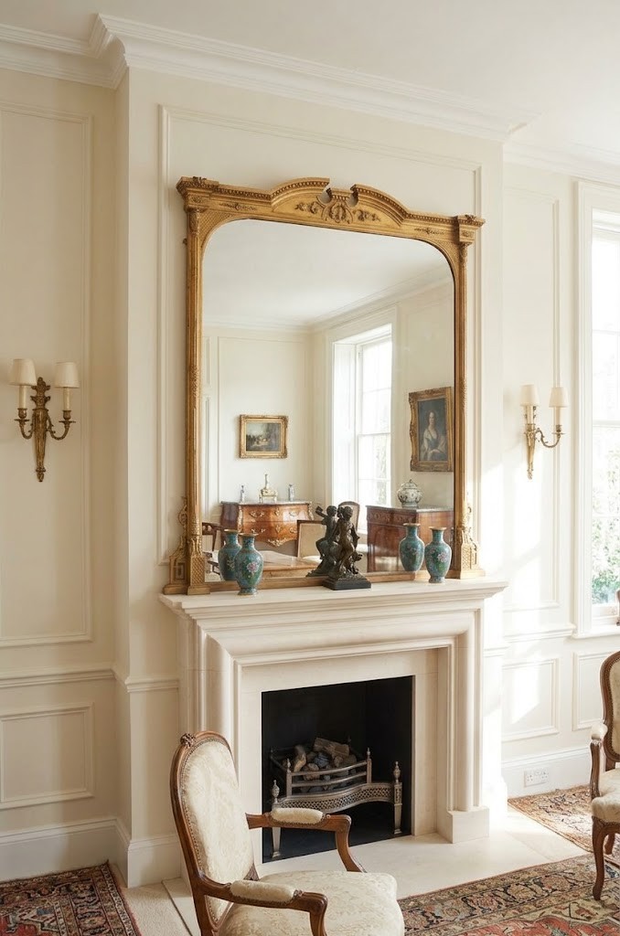 A large antique giltwood overmantel mirror featuring an arched top frame with carved cresting and decorative lower corner flourishes. View II