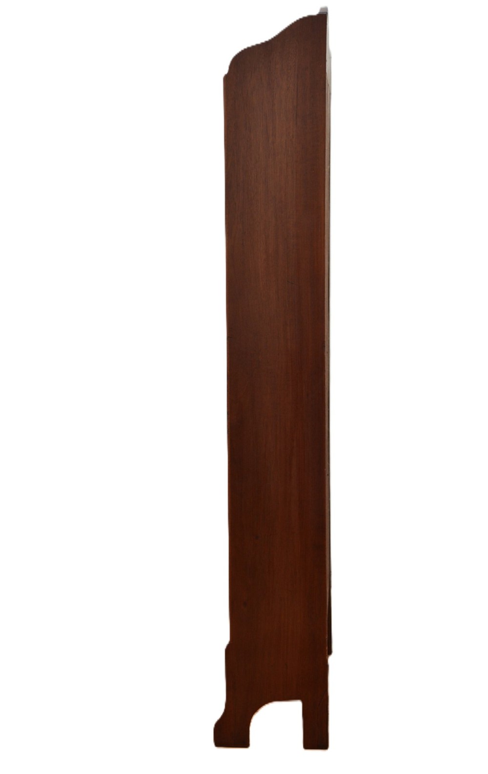 A slim Edwardian open mahogany bookcase featuring four fixed shelves, a shaped top gallery with a central oval inlay, and bracket feet. View IX
