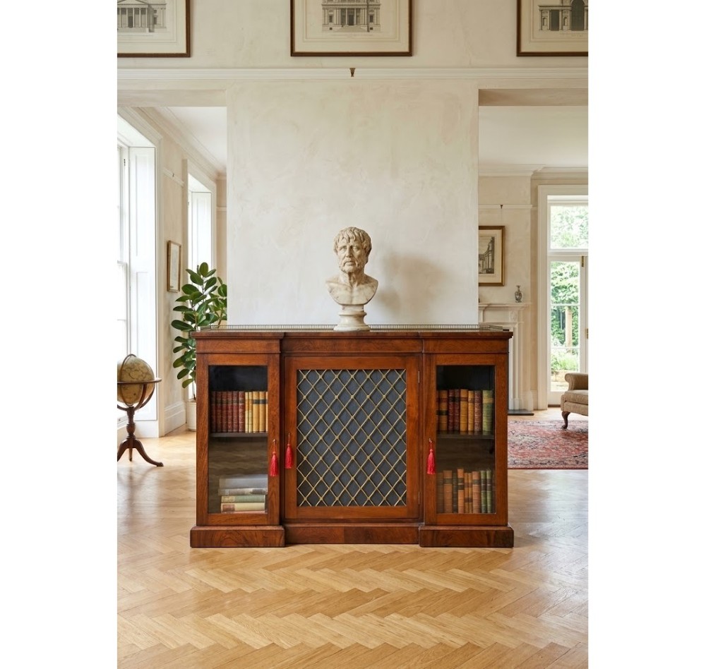 A low George IV rosewood cabinet bookcase featuring a central door with a brass wire mesh grille flanked by two glazed doors, topped with a brass gallery rail. View IV