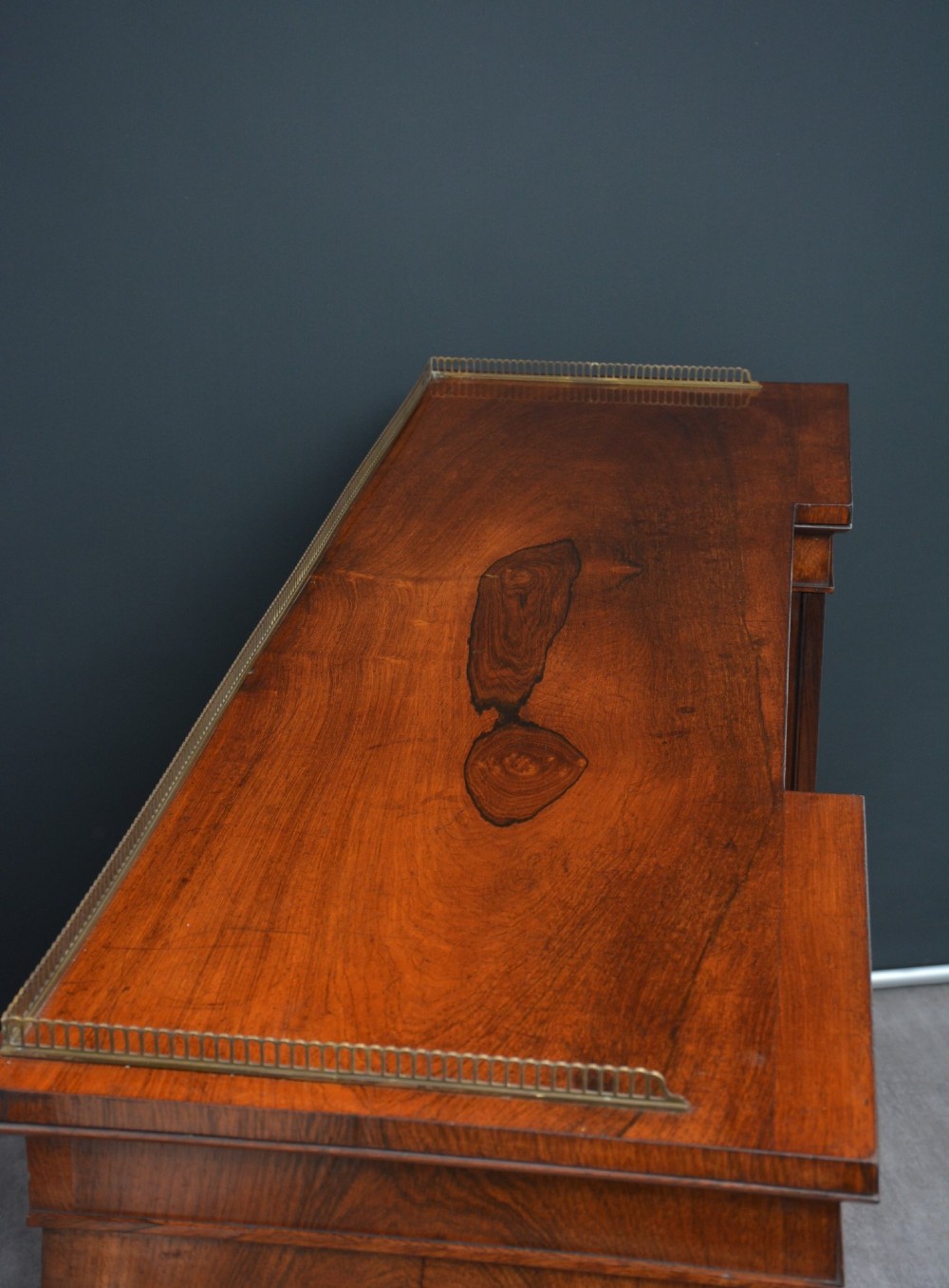 A low George IV rosewood cabinet bookcase featuring a central door with a brass wire mesh grille flanked by two glazed doors, topped with a brass gallery rail. View IX