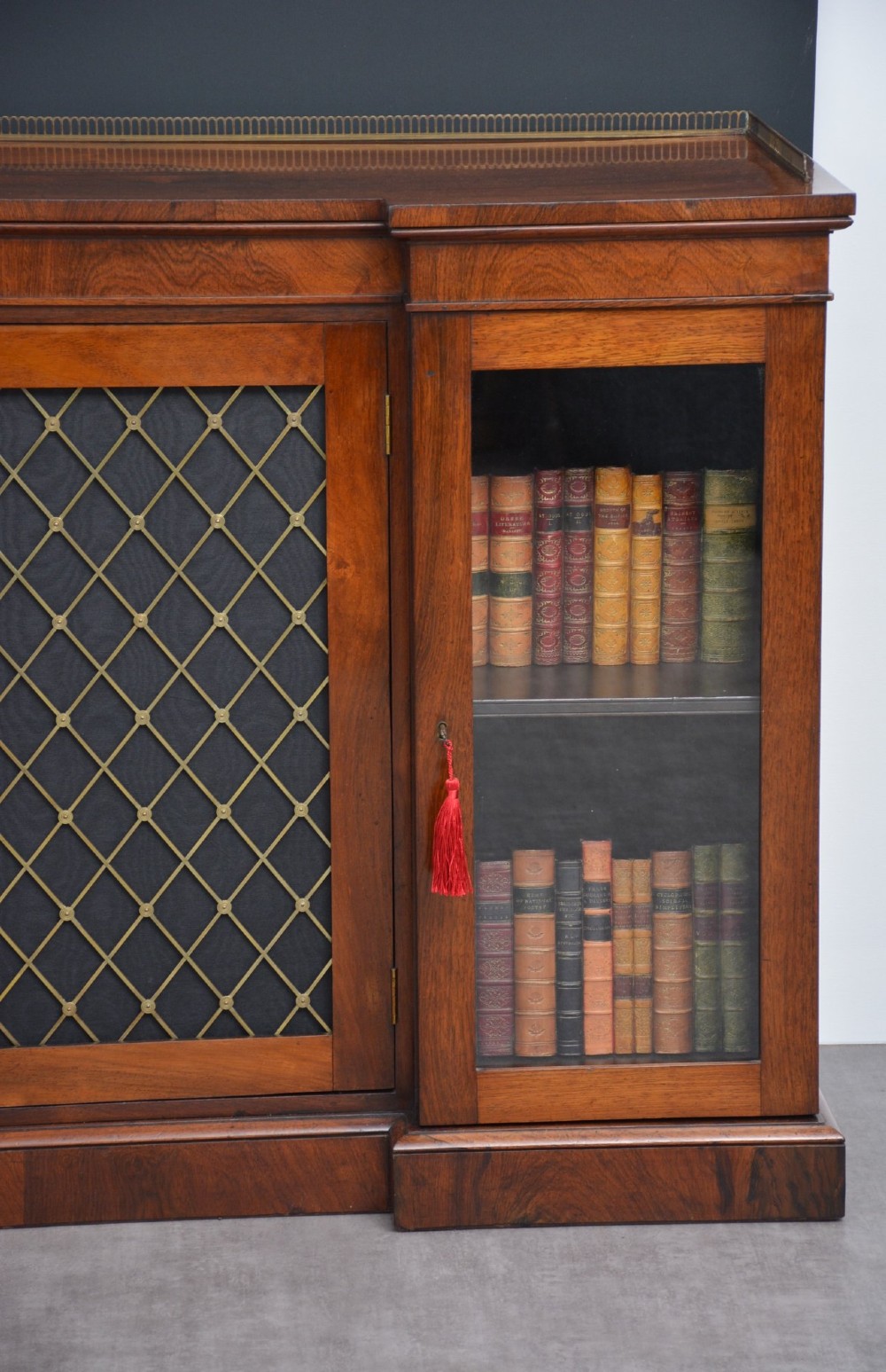 A low George IV rosewood cabinet bookcase featuring a central door with a brass wire mesh grille flanked by two glazed doors, topped with a brass gallery rail. View XIV