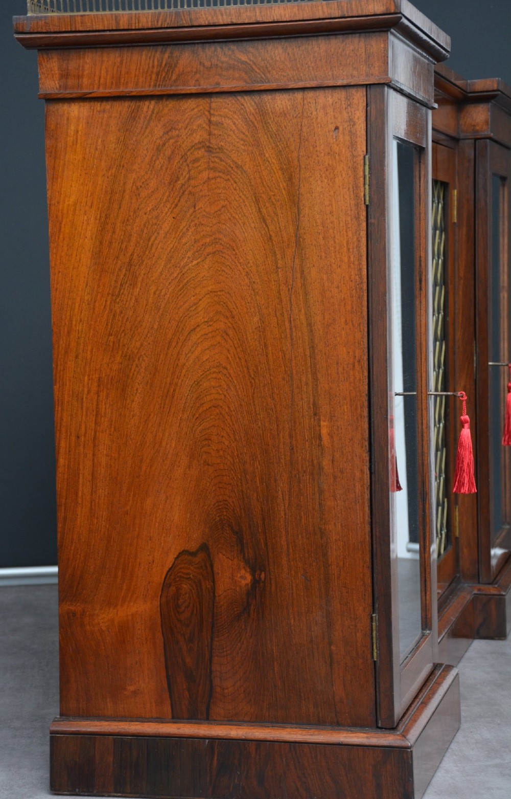 A low George IV rosewood cabinet bookcase featuring a central door with a brass wire mesh grille flanked by two glazed doors, topped with a brass gallery rail. View XV