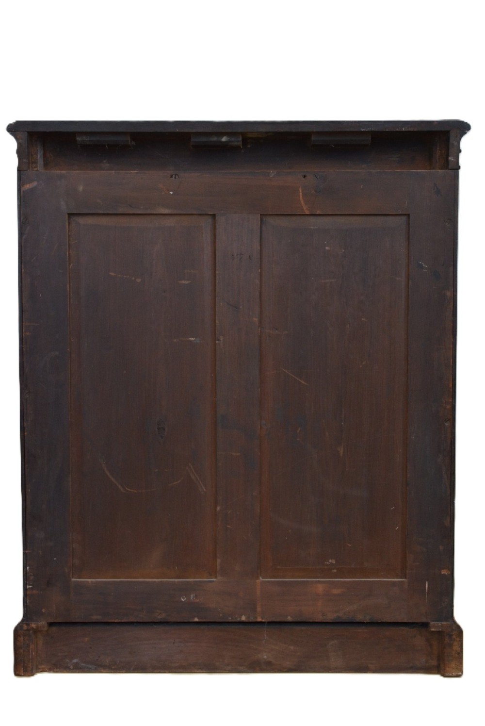A Victorian figured walnut cabinet bookcase featuring two arched glazed doors, carved scroll corbels, and adjustable interior shelves. View IV