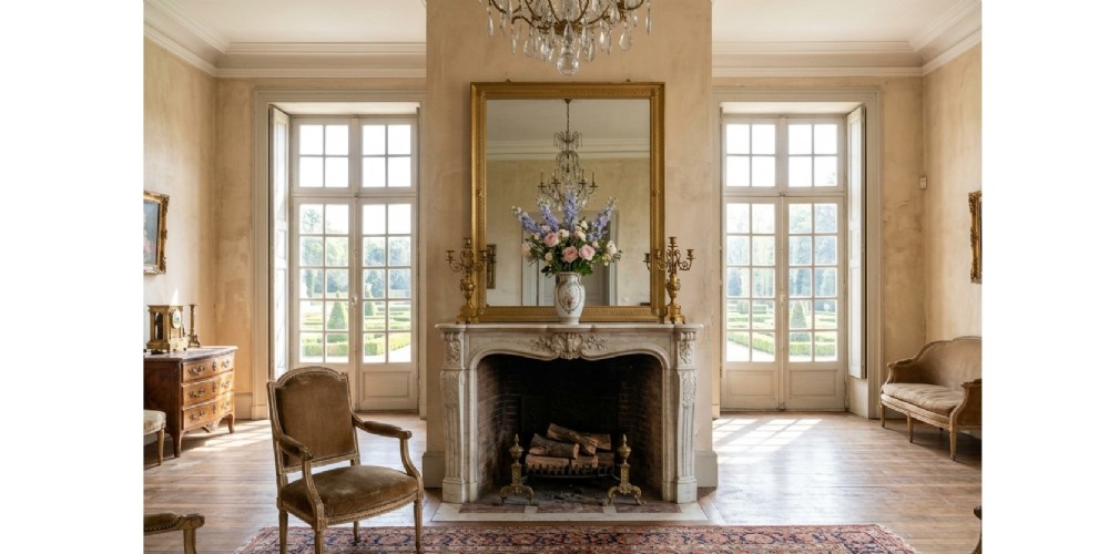 A large rectangular French Empire wall mirror featuring a giltwood frame decorated with rope twist moulding and corner rosettes. View XIV
