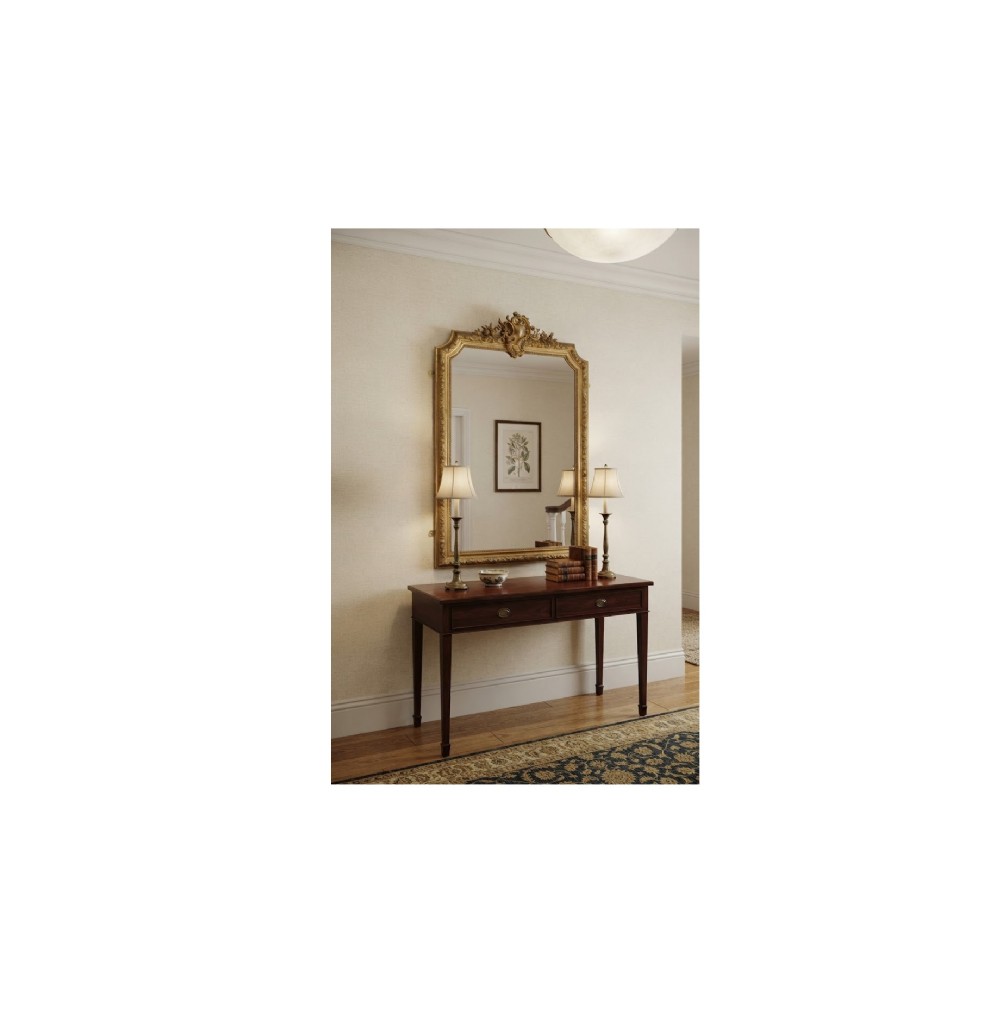 A tall French giltwood wall mirror featuring a carved foliate crest and a moulded gold frame. View III