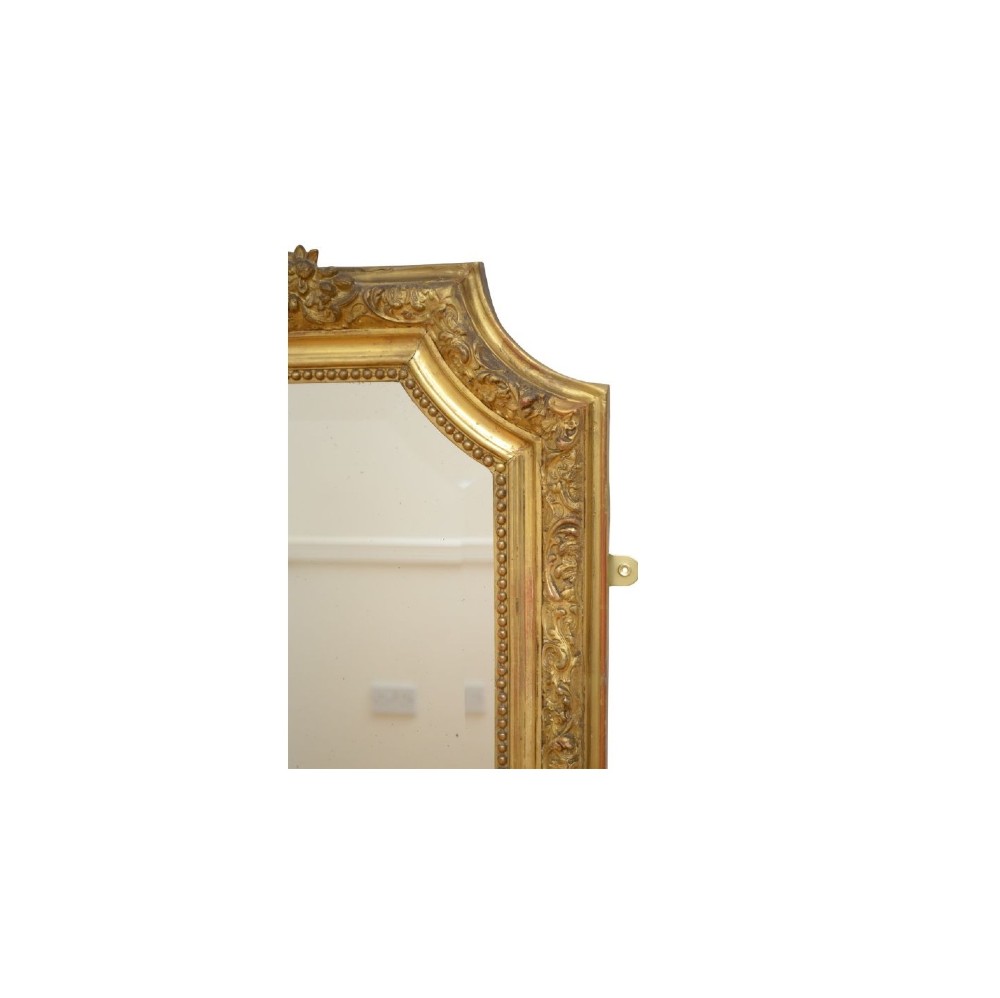 A tall French giltwood wall mirror featuring a carved foliate crest and a moulded gold frame. View IX