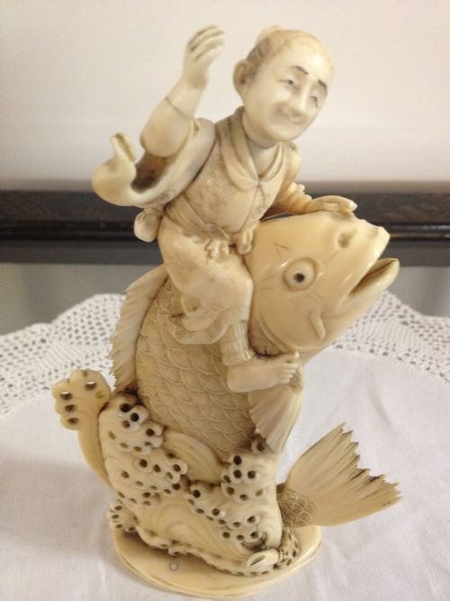 Japanese Ivory Okimono Boy on Carp