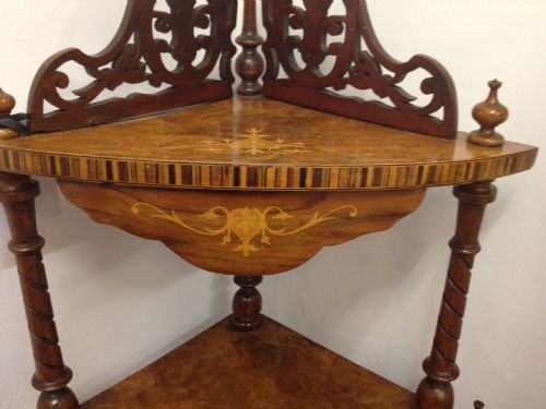 Victorian Inlaid Walnut Corner Whatnot View III