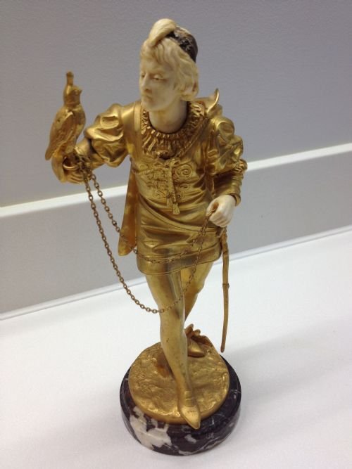 19TH CENTURY FRENCH BRONZE/IVORY FALCONER (EUTROPE BOURET 1833-1906) View III