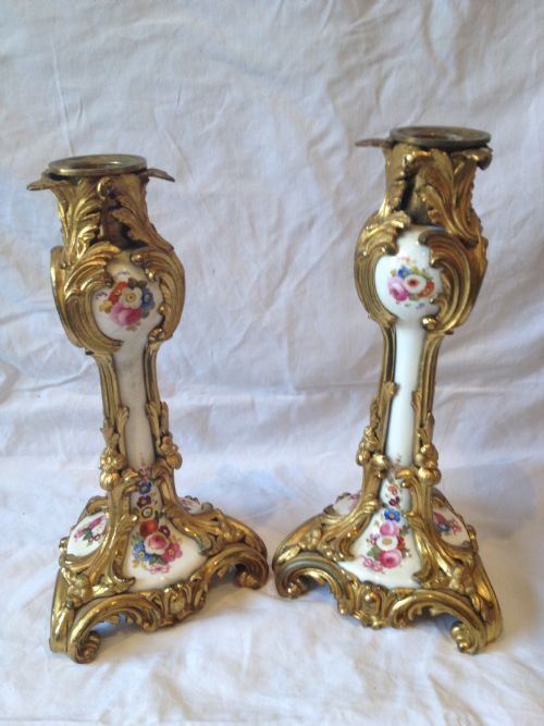 Continental 19th Century Ormolu Mounted Porcelain Candlesticks