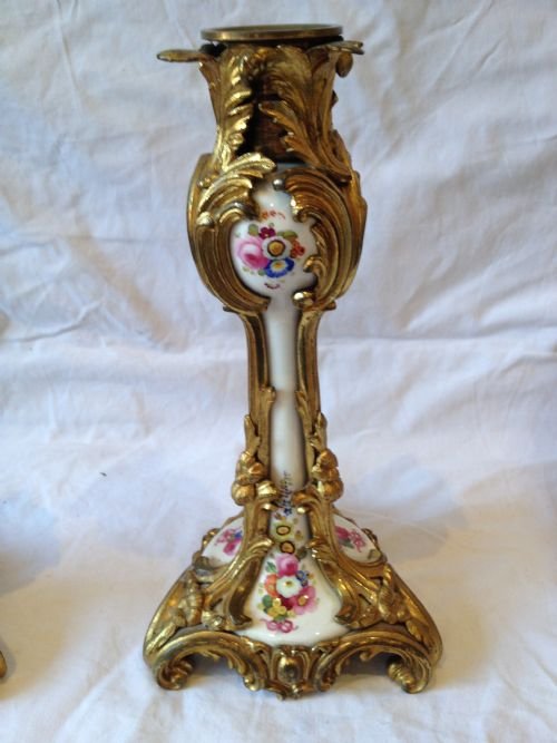 CONTINENTAL 19TH CENTURY ORMOLU MOUNTED PORCELAIN CANDLESTICKS View II