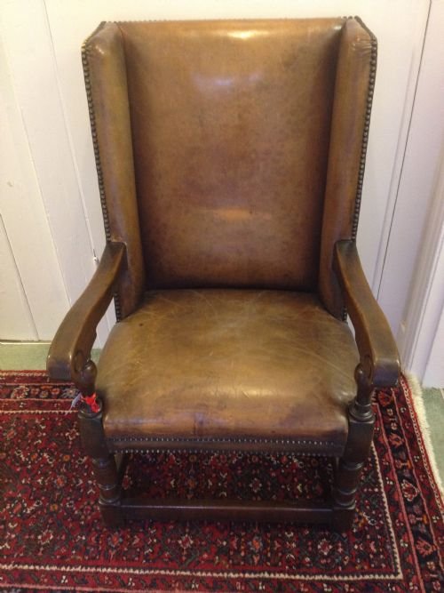 Heavy Oak Leather Studded Wing Armchair