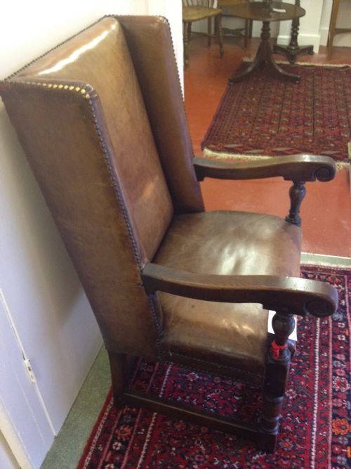 HEAVY OAK LEATHER STUDDED WING ARMCHAIR View III