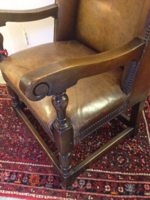 HEAVY OAK LEATHER STUDDED WING ARMCHAIR View IV