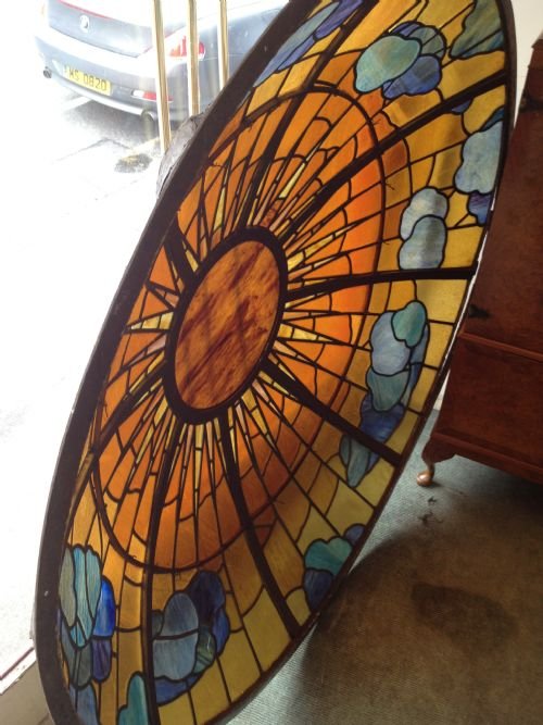 fig 1. MAGNIFICENT LARGE SUNBURST STAINED GLASS CEILING DOME/LIGHT COVER.