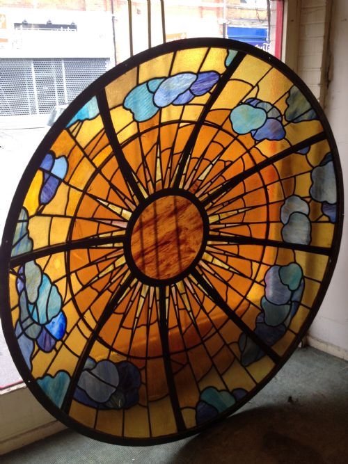 fig 2. MAGNIFICENT LARGE SUNBURST STAINED GLASS CEILING DOME/LIGHT COVER.