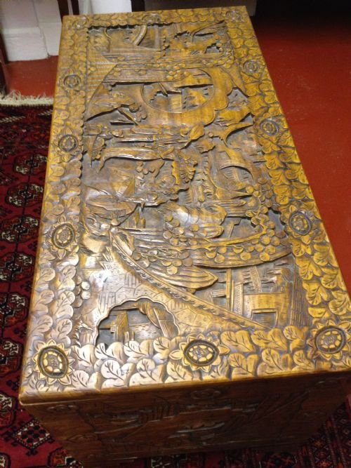 CHINESE CARVED CAMPHOR LINED COFFER/CHEST/COFFEE TABLE View II