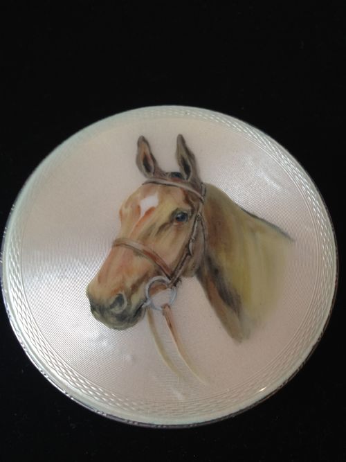 Silver Compact with Guilloche Enamelled Horse