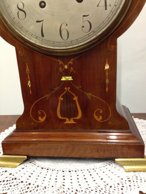 LARGE EDWARDIAN MAHOGANY INLAID ART NOUVEAU MANTLE CLOCK View V