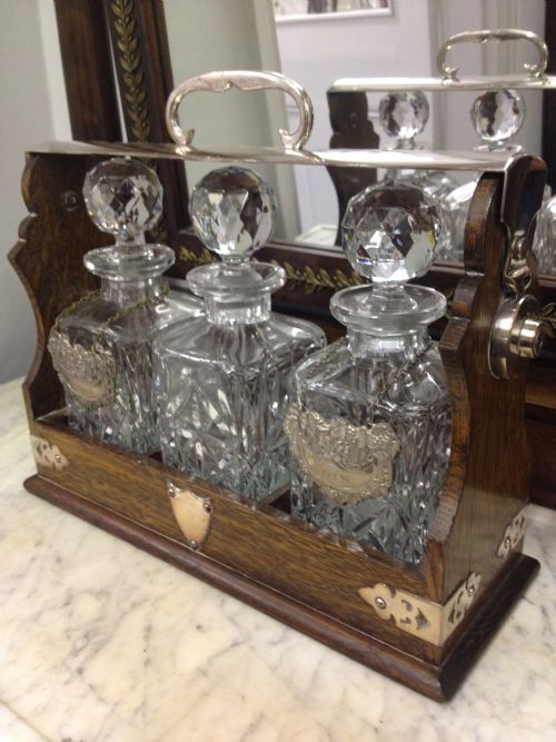 Edwardian Oak and Silver Plated Tantalus
