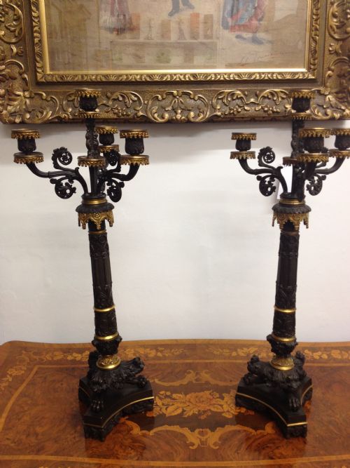 Magnificent Large Pair of Gothic Bronze Candelabra