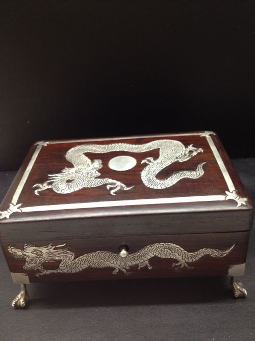 Stunning Chinese Silver Inlaid Hardwood Scholars Box Signed (Tien Shing)