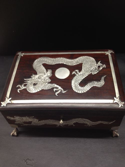 fig 1. STUNNING CHINESE SILVER INLAID HARDWOOD SCHOLARS BOX SIGNED (Tien Shing)
