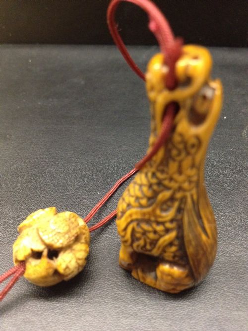 Japanese Stained Ivory Netsuke and Ojime Meiji Period 1868-1912