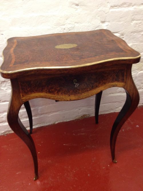 French Amboyna Wood Brass Mounted Work Table Sewing Box.