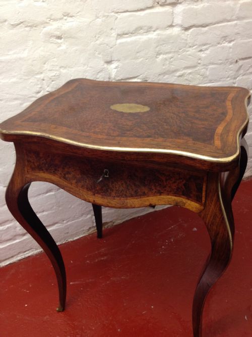 FRENCH AMBOYNA WOOD BRASS MOUNTED WORK TABLE SEWING BOX. View IV