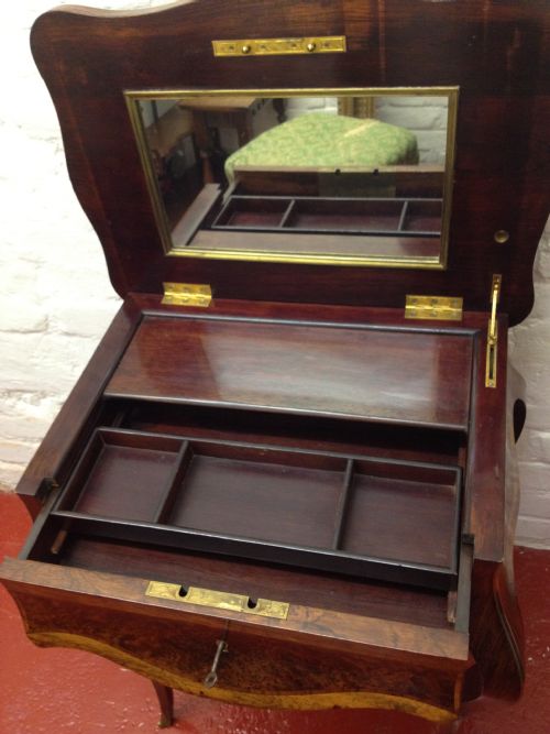 FRENCH AMBOYNA WOOD BRASS MOUNTED WORK TABLE SEWING BOX. View III