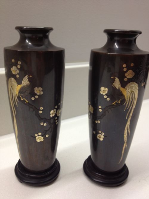 Superb Pair of Japanese Inlaid Bronze Vases Meiji Period 1868-1912