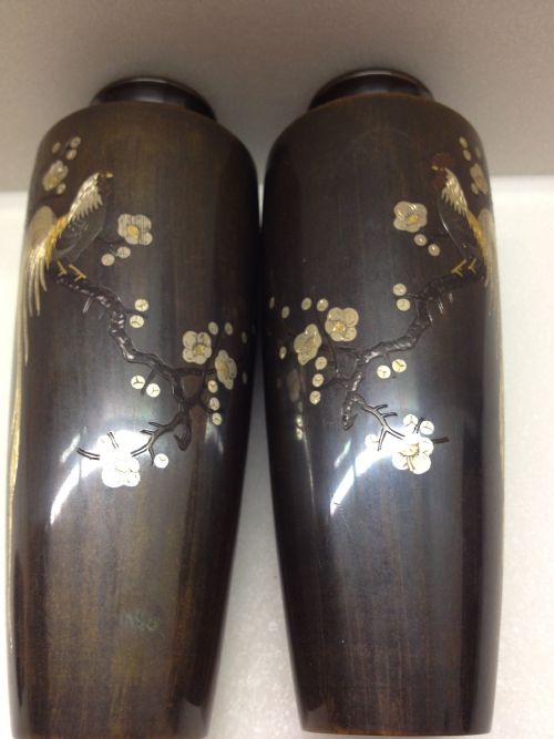 fig 1. SUPERB PAIR OF JAPANESE INLAID BRONZE VASES MEIJI PERIOD 1868-1912