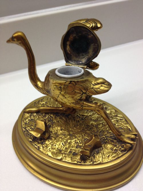 Victorian Gilded Bronze Novelty Desk Inkwell Ostrich