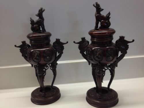 Superb Pair of Japanese Bronze Censors with Covers Meiji Period 1868-1912