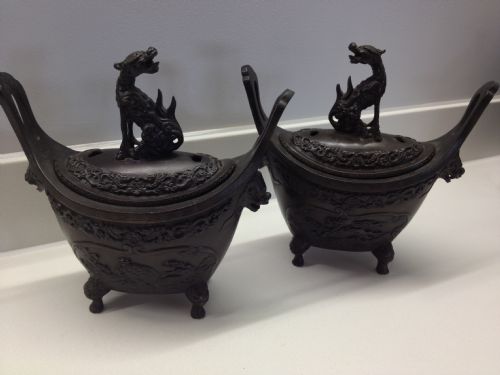 Great Pair of 19th C Japanese Bronze Koros with Covers- Meiji