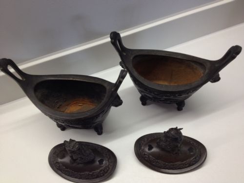GREAT PAIR OF 19TH C JAPANESE BRONZE KOROS WITH COVERS- MEIJI View IV