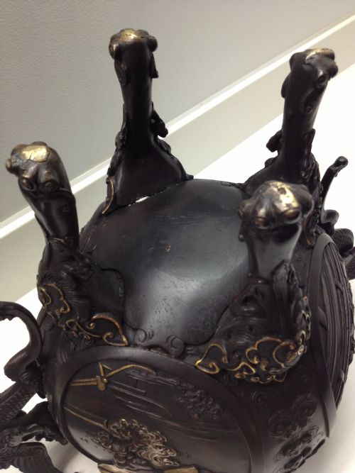 MAGNIFICENT LARGE JAPANESE MIXED METAL BRONZE KORO MEIJI PERIOD 1868-1912 View XI