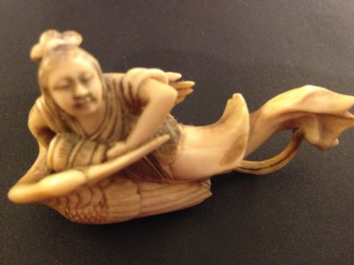 Japanese Ivory Netsuke of Lady Riding a Crane