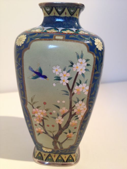JAPANESE SILVER CLOISONNE VASE SIGNED 
