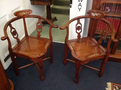 Pair of Chinese Hardwood Mother of Pearl Corner Chairs