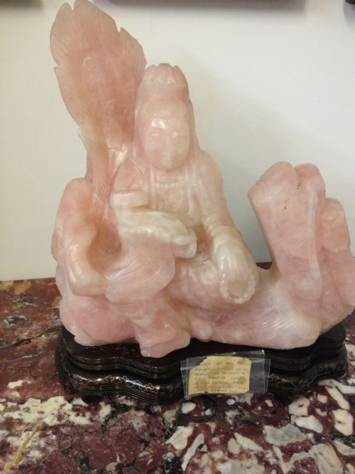 Huge Chinese Rose Quartz Figure on Silver Inlaid Stand